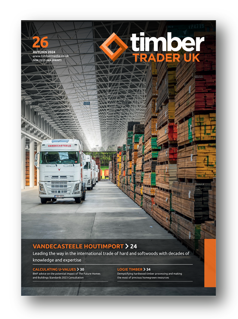 Front cover of Timber Trader Magazine featuring latest innovations in timber construction